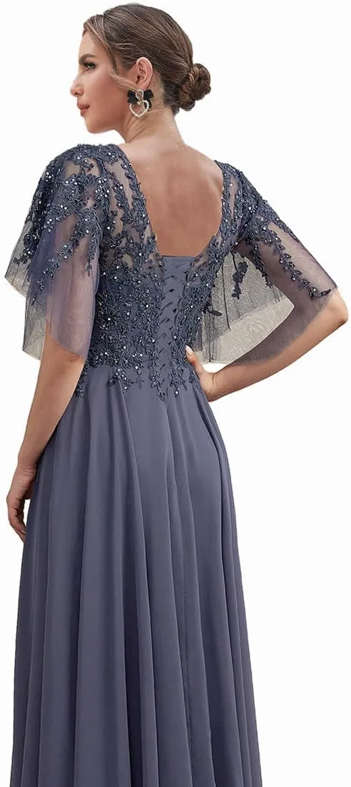 Tea Length Mother of The Bride Dresses for Wedding High Low Lace Formal Evening Gown with Sleeves
