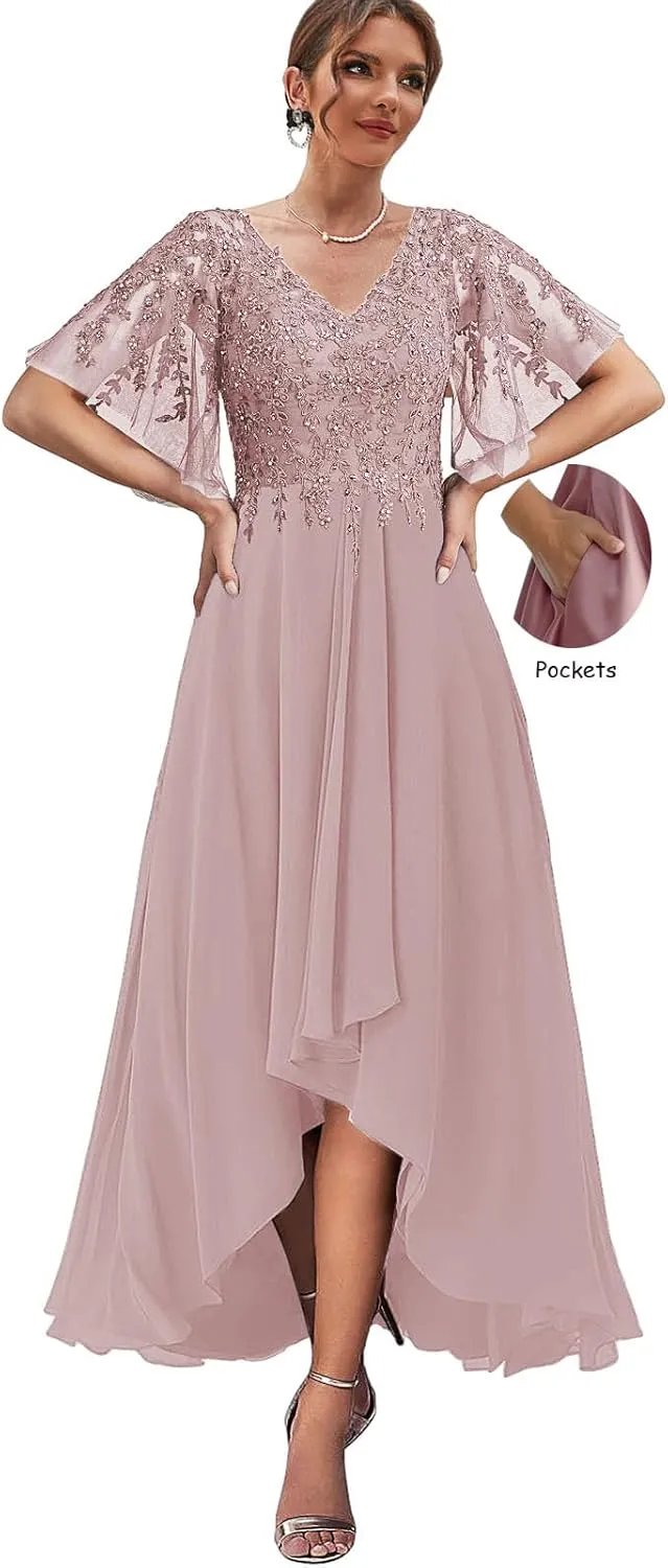 Tea Length Mother of The Bride Dresses for Wedding High Low Lace Formal Evening Gown with Sleeves