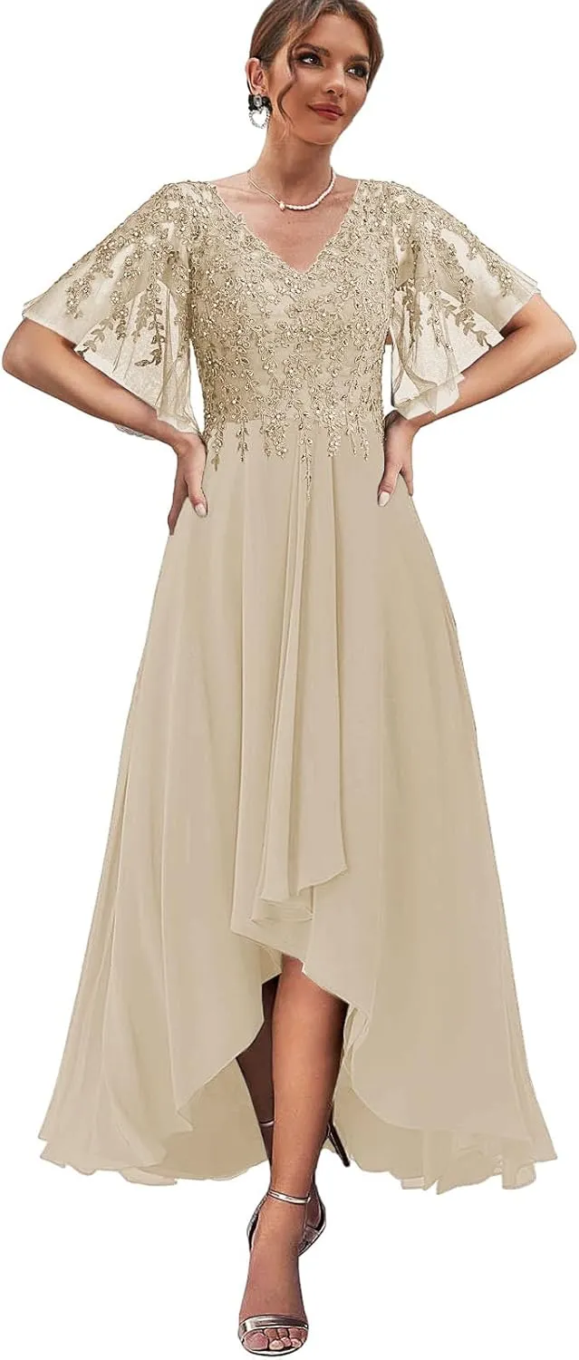 Tea Length Mother of The Bride Dresses for Wedding High Low Lace Formal Evening Gown with Sleeves