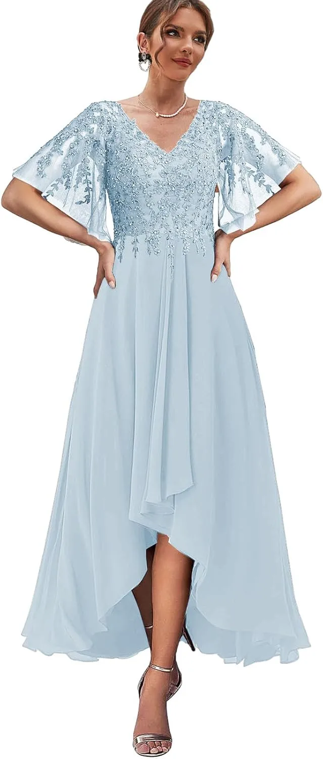 Tea Length Mother of The Bride Dresses for Wedding High Low Lace Formal Evening Gown with Sleeves