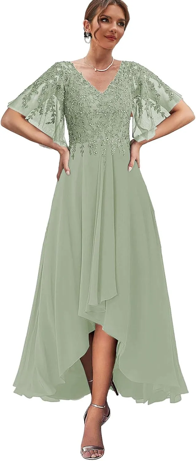 Tea Length Mother of The Bride Dresses for Wedding High Low Lace Formal Evening Gown with Sleeves