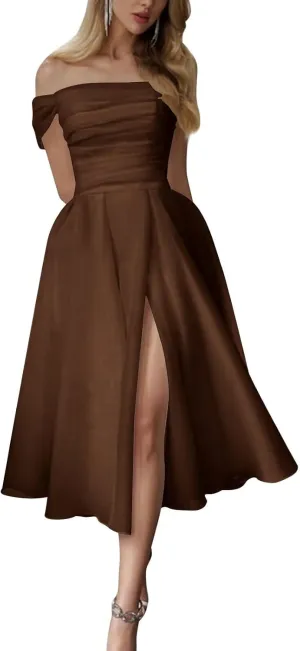 Tea Length Organza Prom Dresses Off Shoulder Midi Ball Gown Corset Wedding Dresses with Slit