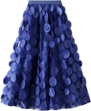 Tulle Skirt Women 3D Polka Dot Elastic Waist Mesh A-Line Midi Skirts Solid Color Fairy Party Clubwear Pleated Skirt