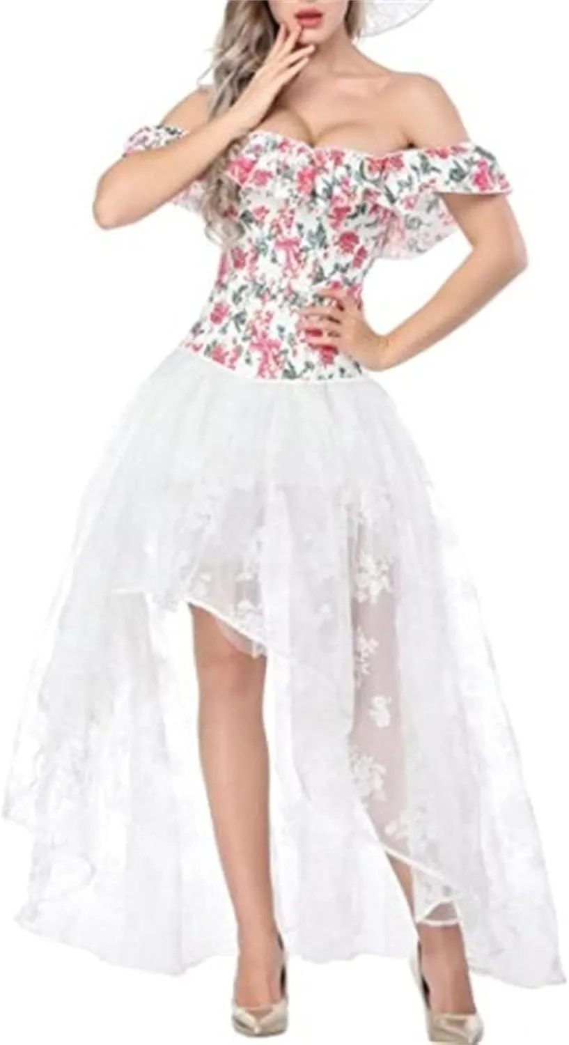 Tulle Skirts for Women Double-Layered Tutu Elastic Waist Floral Print Mesh High Low Asymmetrical A-Line Midi Skirt