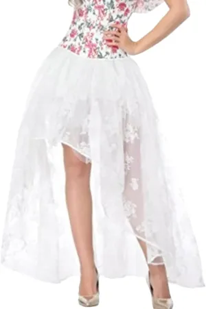 Tulle Skirts for Women Double-Layered Tutu Elastic Waist Floral Print Mesh High Low Asymmetrical A-Line Midi Skirt