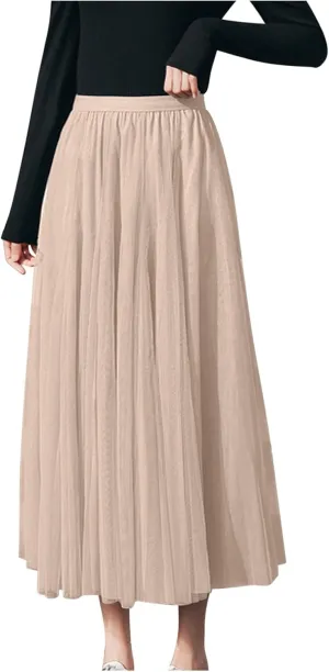 Tutu Tulle Skirt for Women Layered Mesh Ballet Prom Party A-Line Maxi Skirt Elastic High Waist Flowy Long Skirts