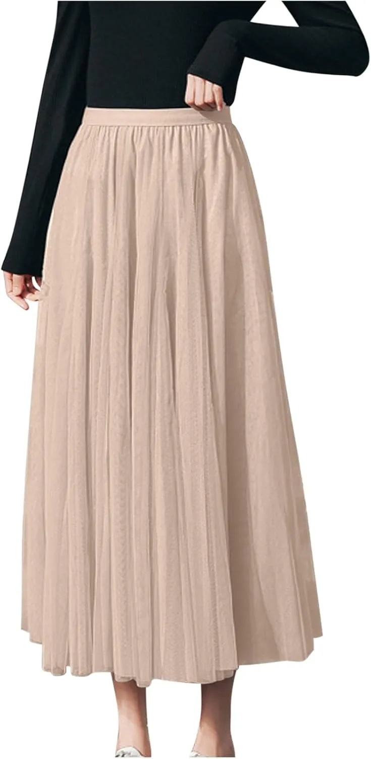 Tutu Tulle Skirt for Women Layered Mesh Ballet Prom Party A-Line Maxi Skirt Elastic High Waist Flowy Long Skirts