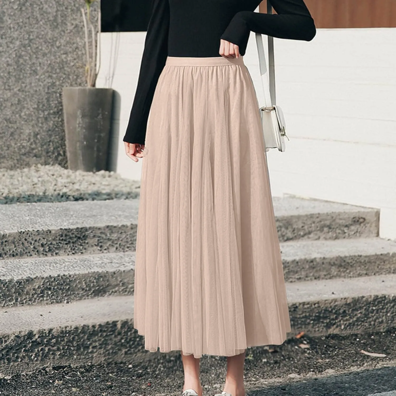 Tutu Tulle Skirt for Women Layered Mesh Ballet Prom Party A-Line Maxi Skirt Elastic High Waist Flowy Long Skirts