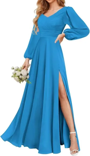 V Neck Bridesmaid Dresses Long Sleeve Prom Dresses Chiffon Formal Evening Party Maxi Gowns with Slit PE434