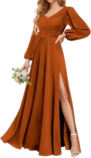 V Neck Bridesmaid Dresses Long Sleeve Prom Dresses Chiffon Formal Evening Party Maxi Gowns with Slit PE434