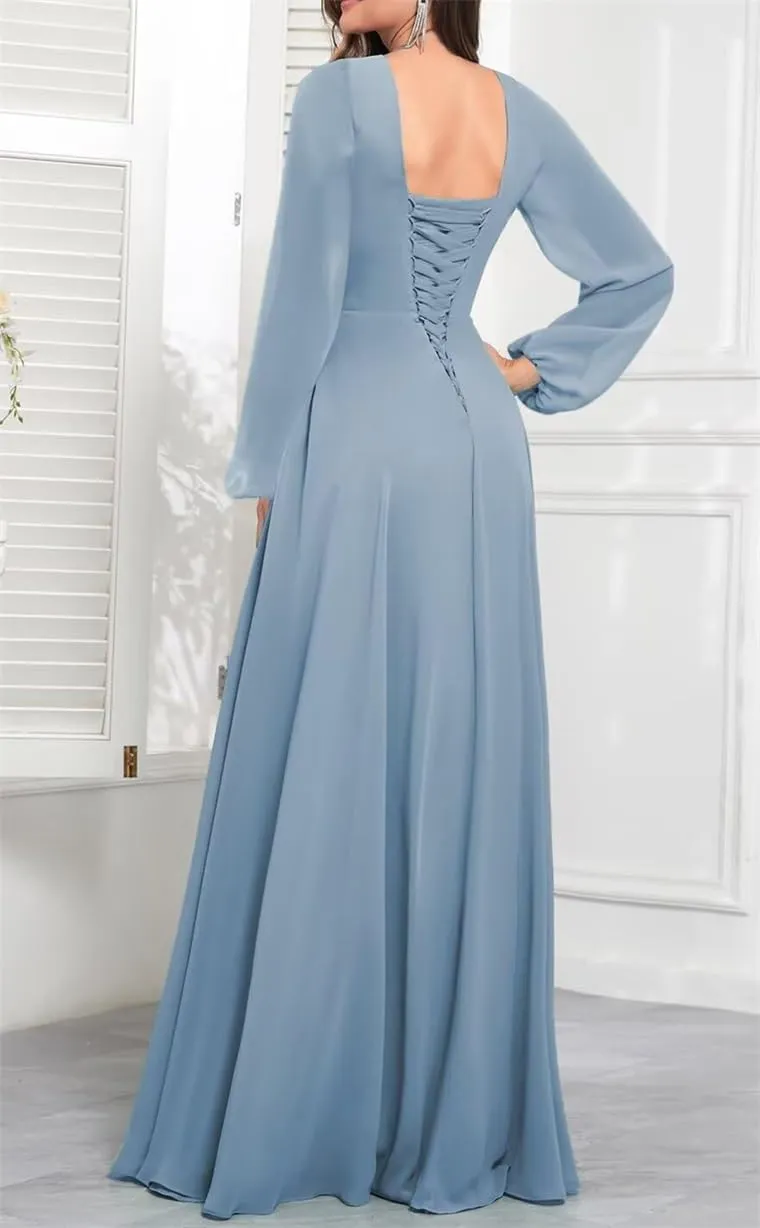 V Neck Bridesmaid Dresses Long Sleeve Prom Dresses Chiffon Formal Evening Party Maxi Gowns with Slit PE434