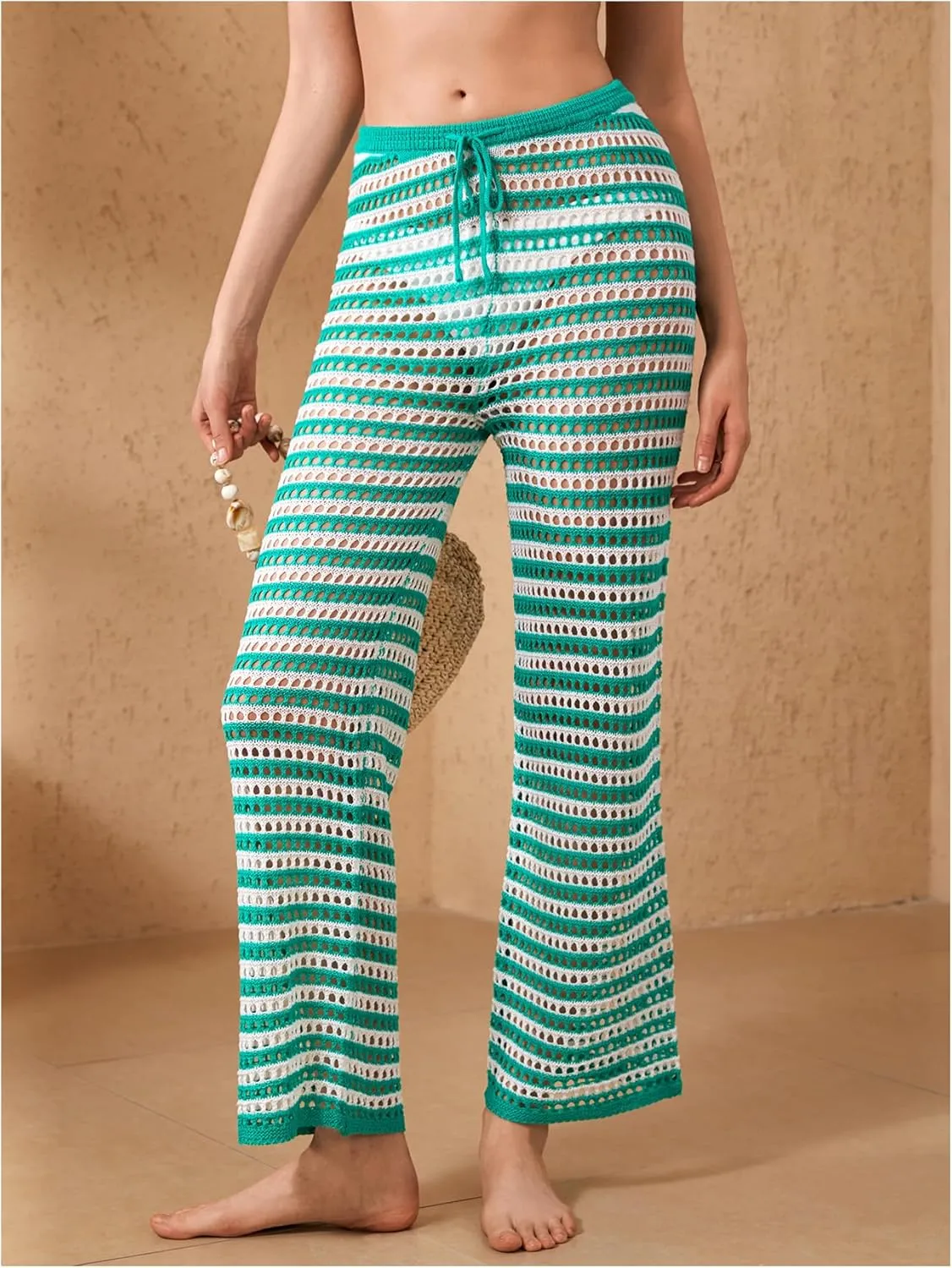 Verdusa Women's Hollow Out Crochet Knit Striped High Waist Swimwear Cover Up Pants