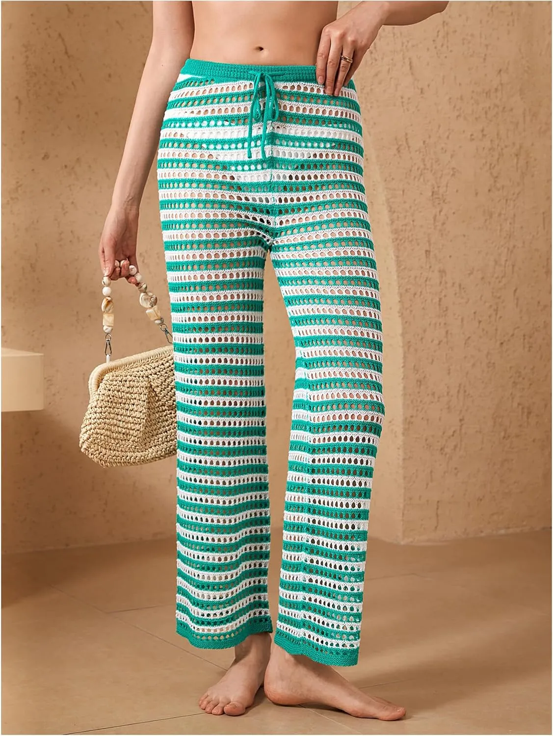 Verdusa Women's Hollow Out Crochet Knit Striped High Waist Swimwear Cover Up Pants