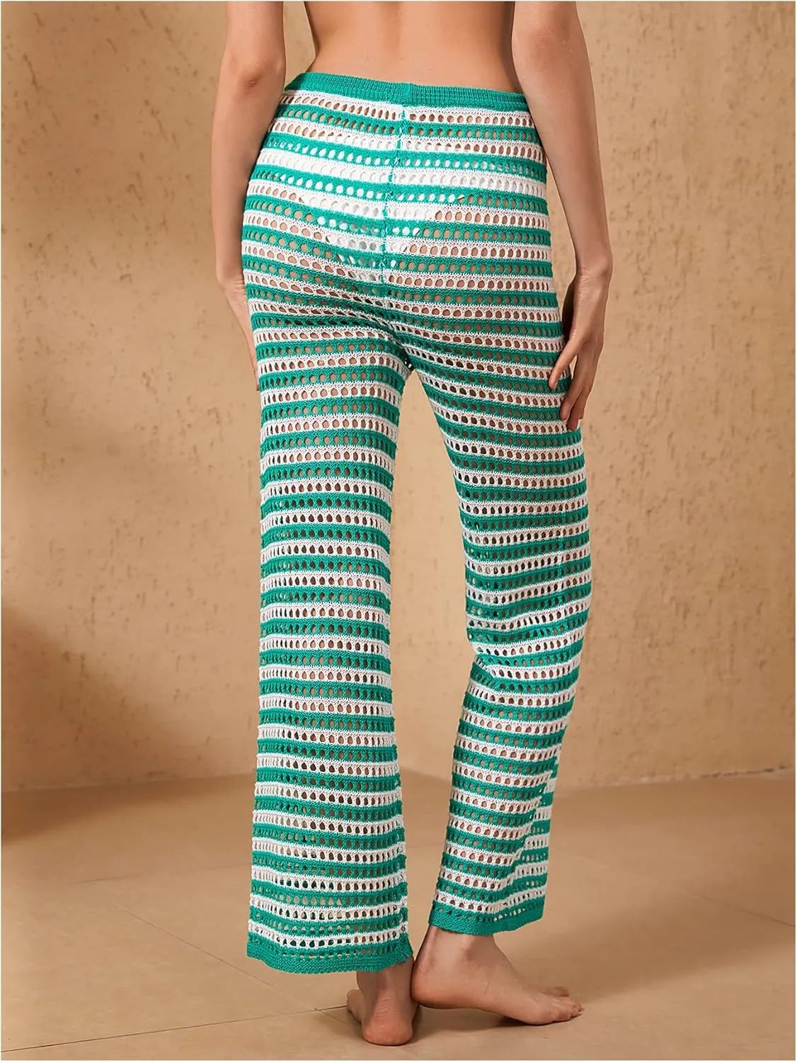 Verdusa Women's Hollow Out Crochet Knit Striped High Waist Swimwear Cover Up Pants