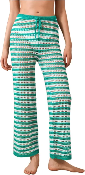 Verdusa Women's Hollow Out Crochet Knit Striped High Waist Swimwear Cover Up Pants