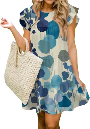Women Babydoll Summer Casual Crew Neck Ruffle Sleeve Sleeveless Flowy Mini Short Tunic Dress Floral Print Pleated Dress2-Sky Blue,X-Large