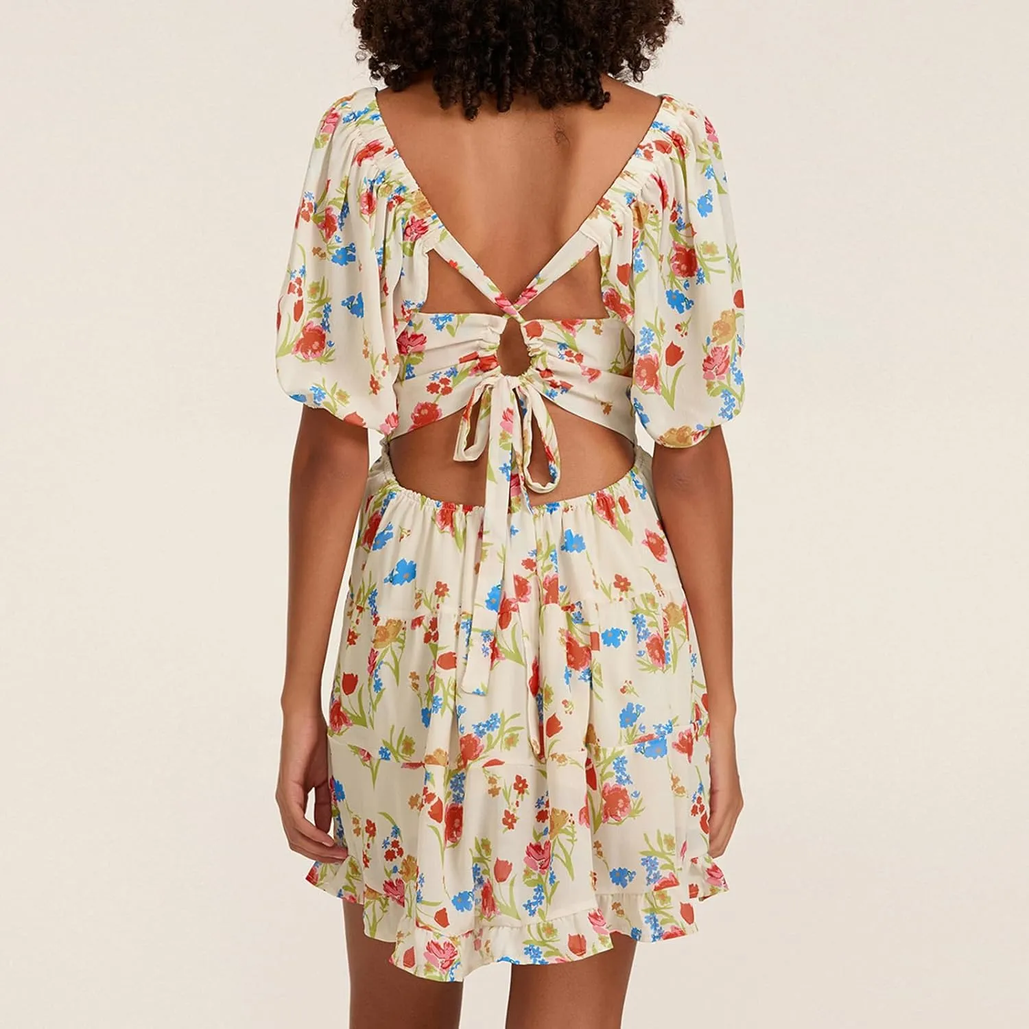 Women Boho Floral Print Mini Dress Puff Short Sleeve Deep V Neck Tie Front Sundresss Summer Tiered Beach Dresses