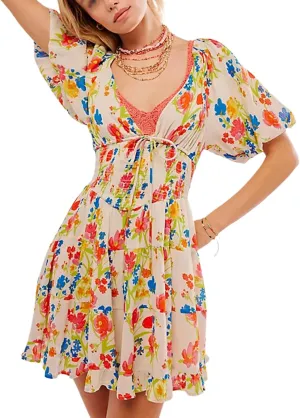 Women Boho Floral Print Mini Dress Puff Short Sleeve Deep V Neck Tie Front Sundresss Summer Tiered Beach Dresses