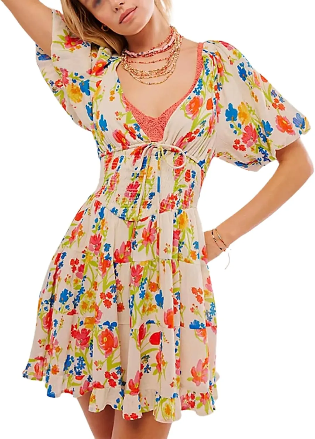 Women Boho Floral Print Mini Dress Puff Short Sleeve Deep V Neck Tie Front Sundresss Summer Tiered Beach Dresses