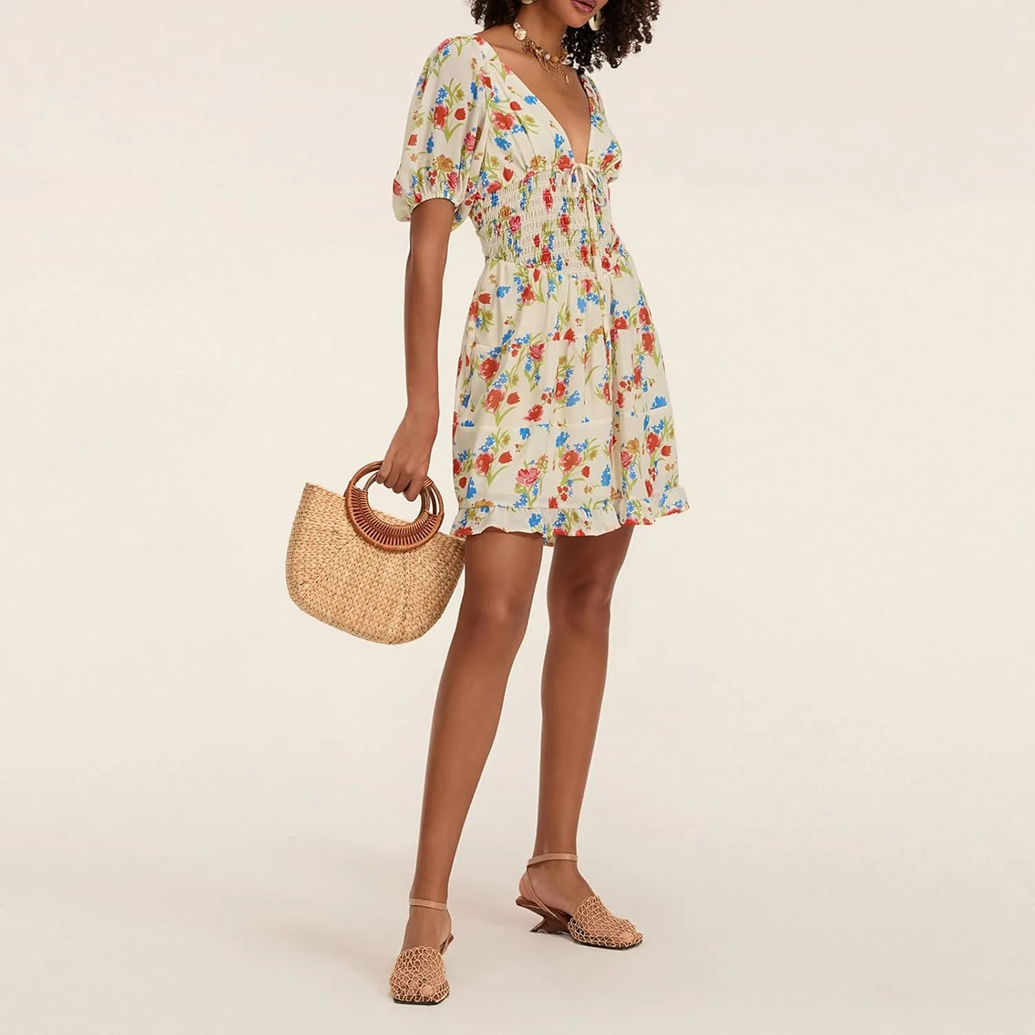 Women Boho Floral Print Mini Dress Puff Short Sleeve Deep V Neck Tie Front Sundresss Summer Tiered Beach Dresses