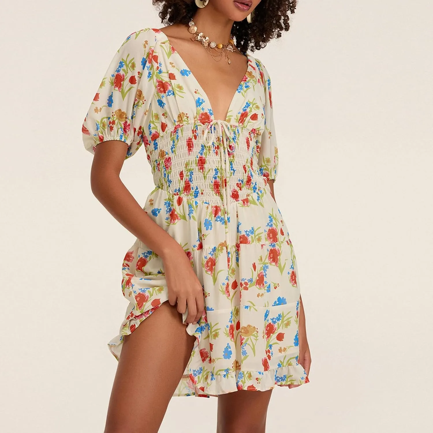 Women Boho Floral Print Mini Dress Puff Short Sleeve Deep V Neck Tie Front Sundresss Summer Tiered Beach Dresses