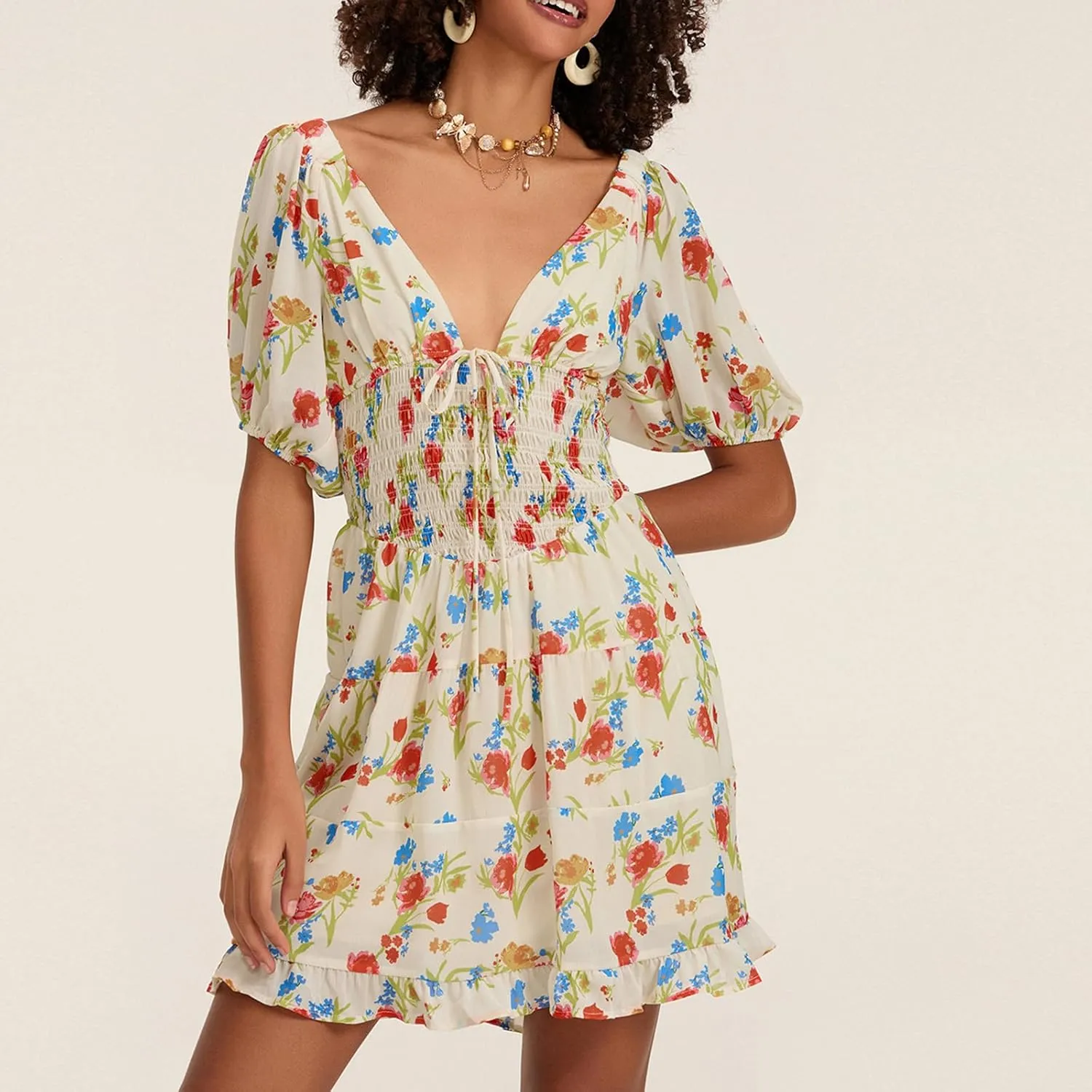 Women Boho Floral Print Mini Dress Puff Short Sleeve Deep V Neck Tie Front Sundresss Summer Tiered Beach Dresses