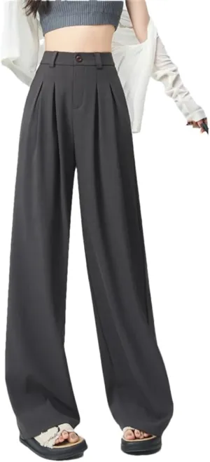 Women Casual High Waist Long Pants Loose Pockets Straight Trousers