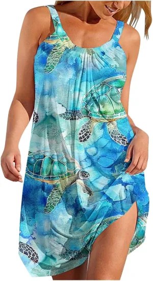 Women Cute Marine Animal Print Cami Dress Summer Beach Dress Sleeveless Spaghetti Strap Sea Turtle Graphic Sun Dress