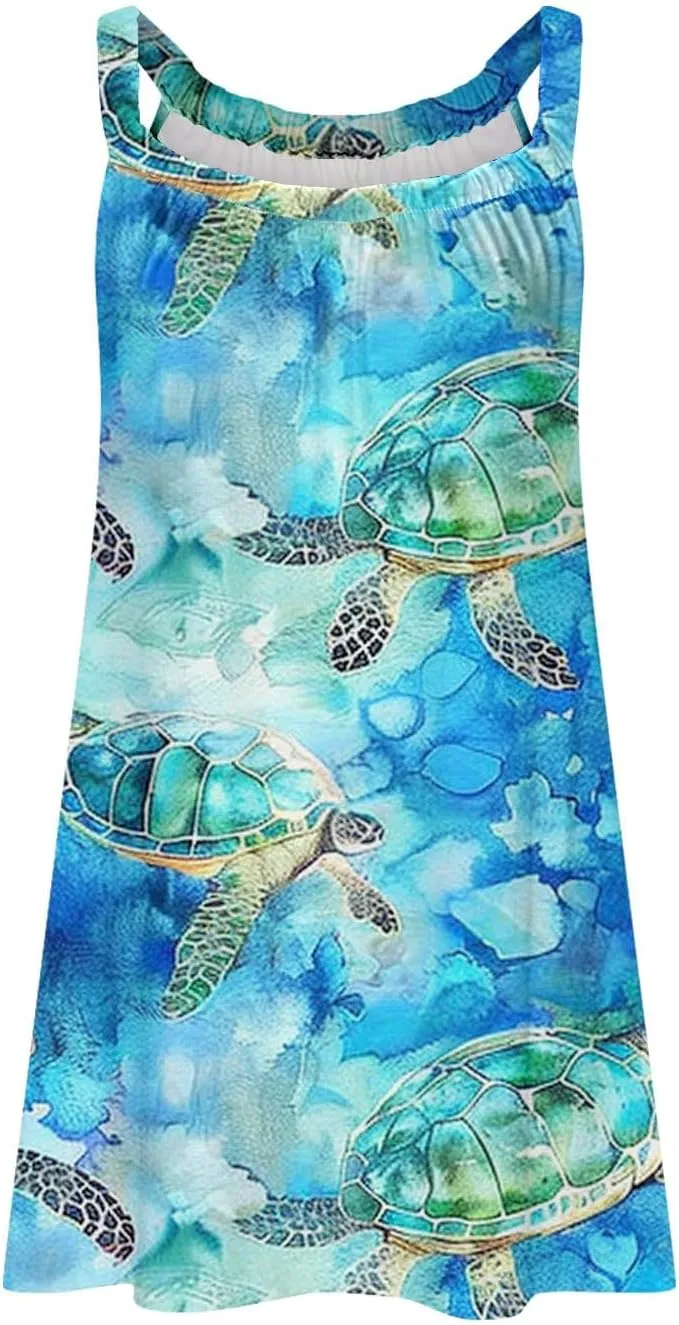 Women Cute Marine Animal Print Cami Dress Summer Beach Dress Sleeveless Spaghetti Strap Sea Turtle Graphic Sun Dress