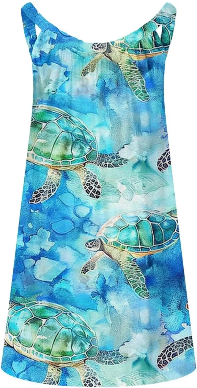 Women Cute Marine Animal Print Cami Dress Summer Beach Dress Sleeveless Spaghetti Strap Sea Turtle Graphic Sun Dress