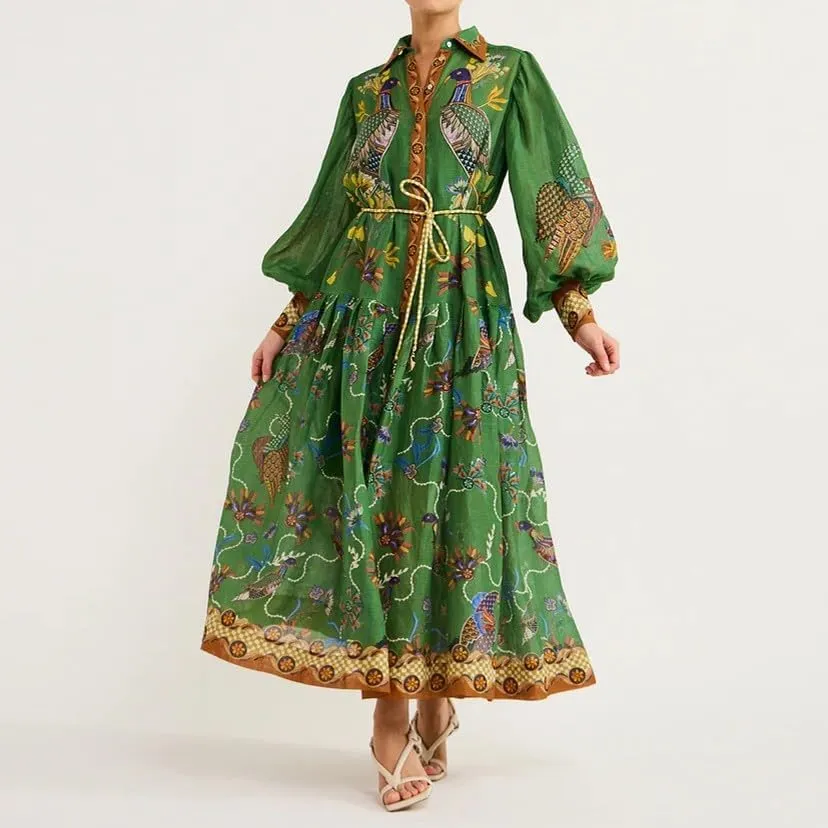 Women Cute Print Maxi Dress Loose Long Sleeve Boho Flowy Graffiti Long Aline Wedding Guest Dress