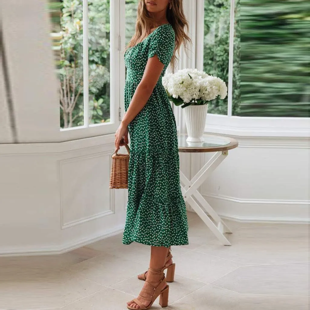 Women Floral Chiffon Midi Dress Summer Square Neck Short Sleeve Boho Sundress Flowy Smocked Tiered Swing Dresses