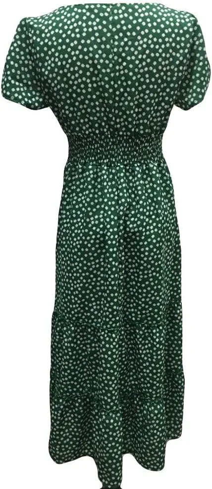 Women Floral Chiffon Midi Dress Summer Square Neck Short Sleeve Boho Sundress Flowy Smocked Tiered Swing Dresses