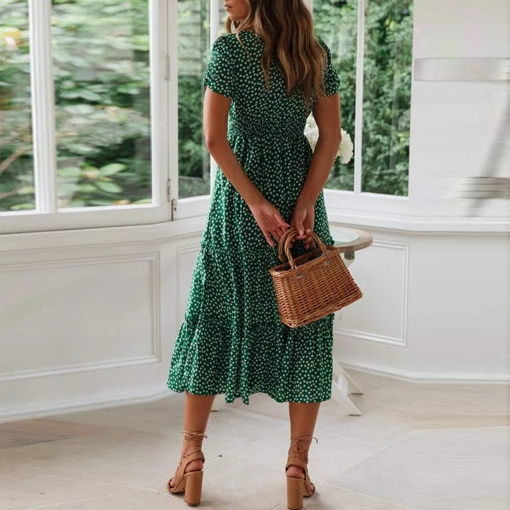 Women Floral Chiffon Midi Dress Summer Square Neck Short Sleeve Boho Sundress Flowy Smocked Tiered Swing Dresses