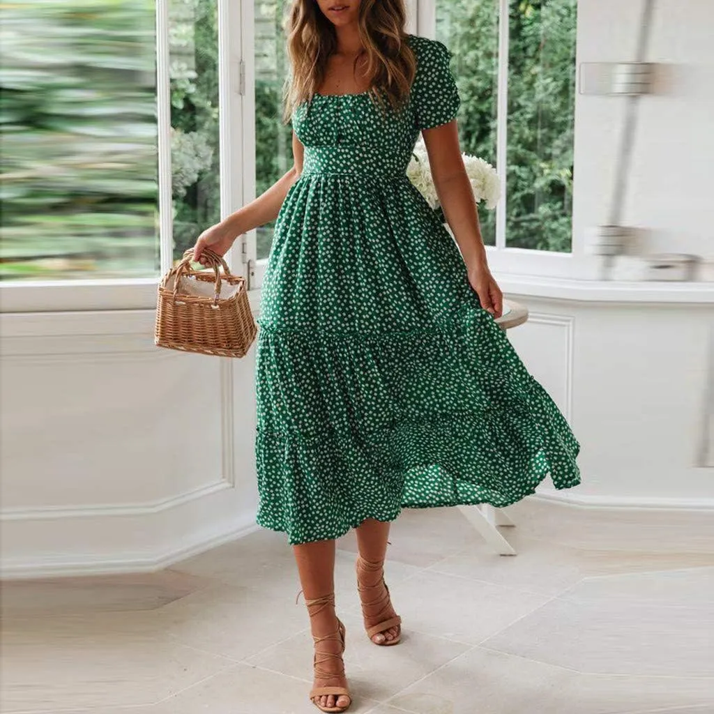 Women Floral Chiffon Midi Dress Summer Square Neck Short Sleeve Boho Sundress Flowy Smocked Tiered Swing Dresses