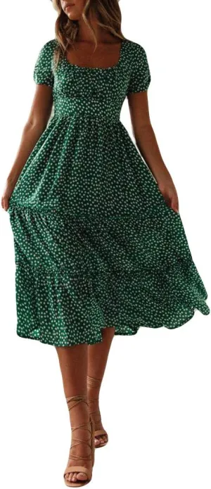 Women Floral Chiffon Midi Dress Summer Square Neck Short Sleeve Boho Sundress Flowy Smocked Tiered Swing Dresses