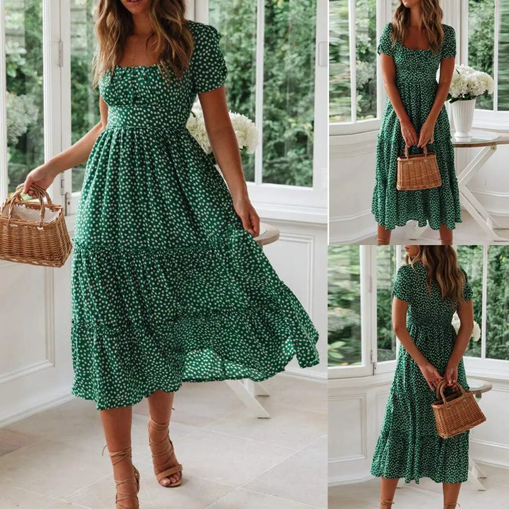 Women Floral Chiffon Midi Dress Summer Square Neck Short Sleeve Boho Sundress Flowy Smocked Tiered Swing Dresses