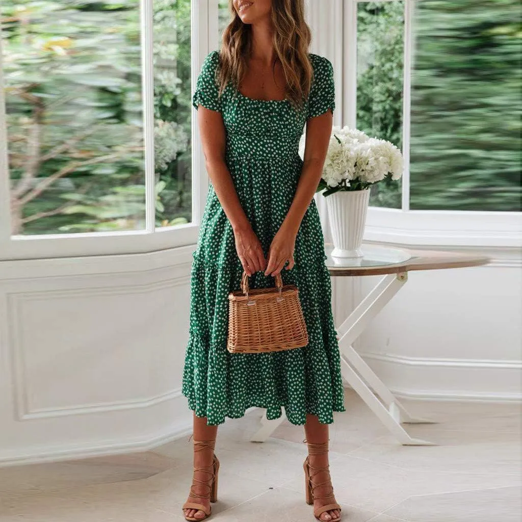Women Floral Chiffon Midi Dress Summer Square Neck Short Sleeve Boho Sundress Flowy Smocked Tiered Swing Dresses