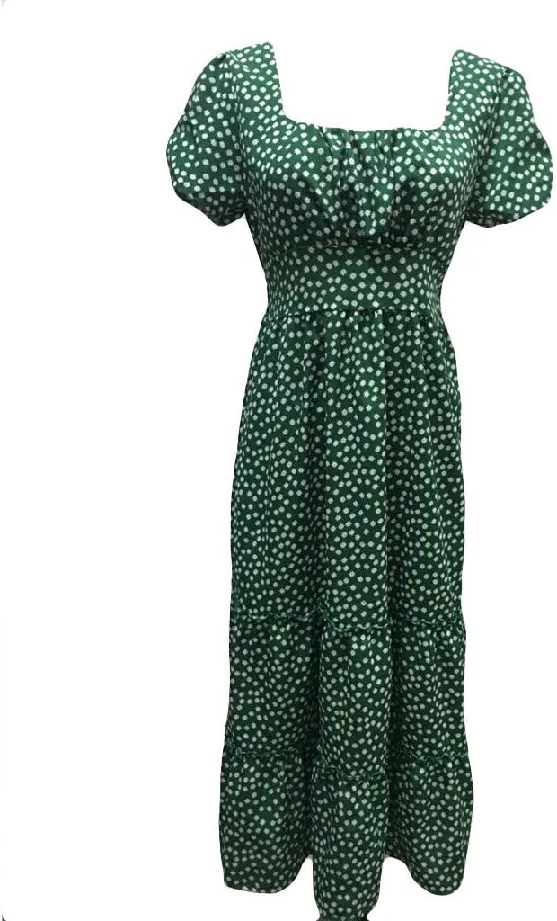Women Floral Chiffon Midi Dress Summer Square Neck Short Sleeve Boho Sundress Flowy Smocked Tiered Swing Dresses