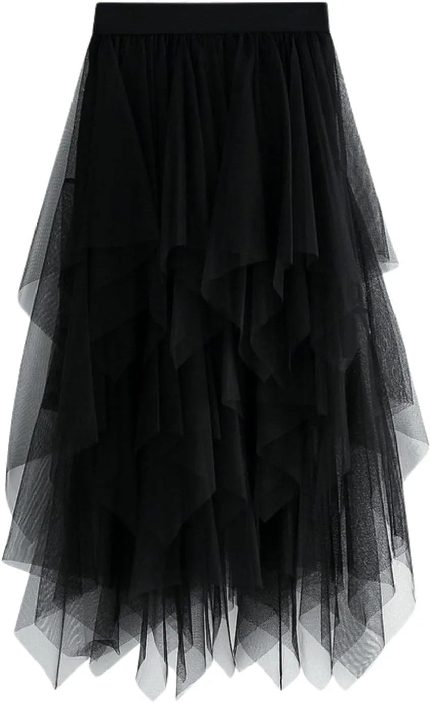 Women Mesh Tutu Skirt Layered Tulle Elastic High Waist Skirt High Low Irregular Hem Pleated A-line Midi Skirt