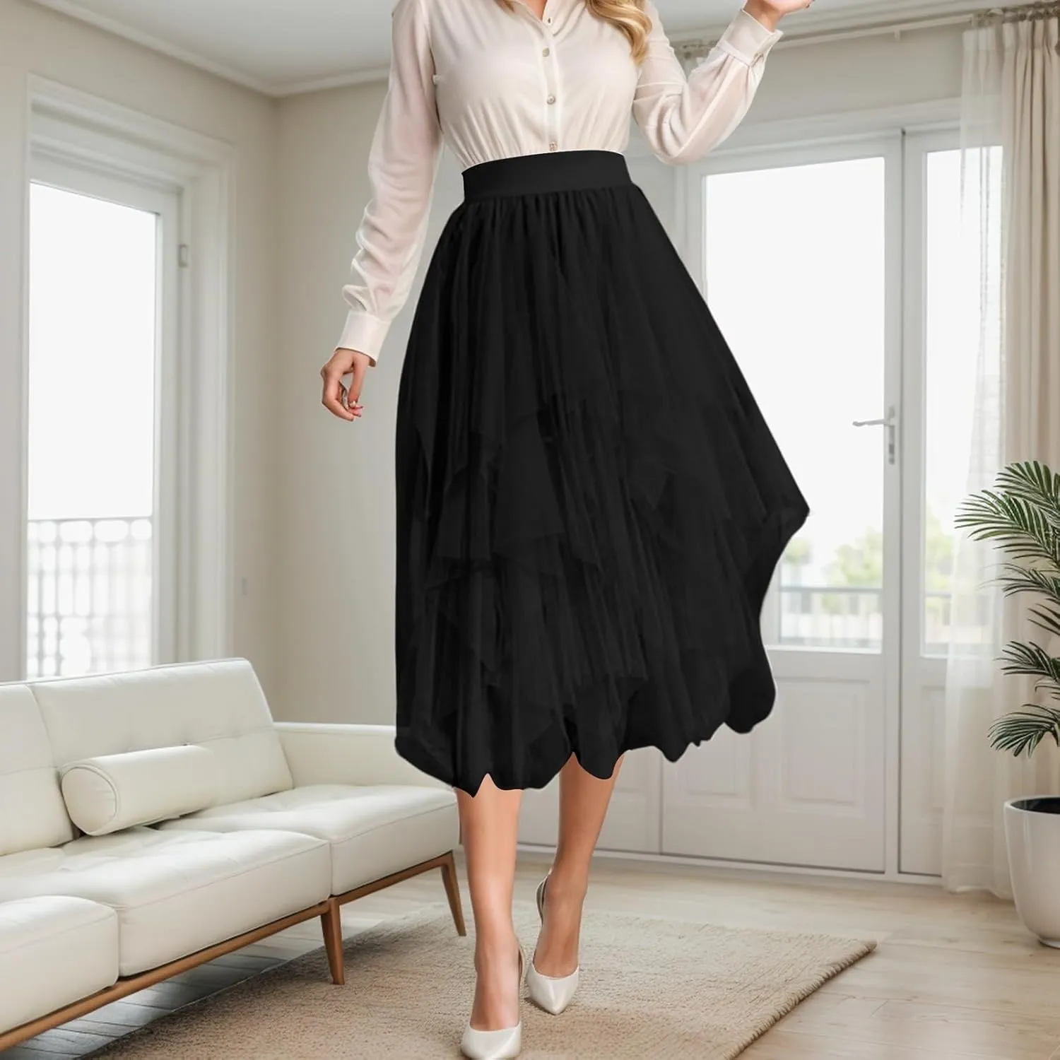 Women Mesh Tutu Skirt Layered Tulle Elastic High Waist Skirt High Low Irregular Hem Pleated A-line Midi Skirt