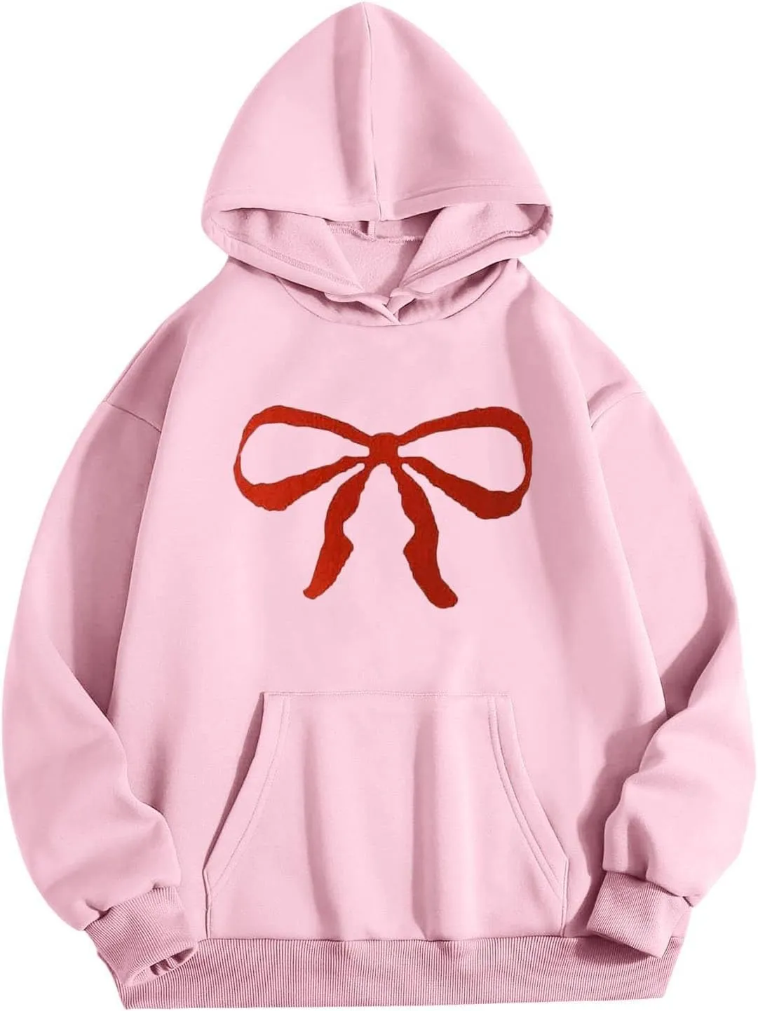 Women Oversized Bow Trim Print Hoodies Long Sleeve Fleeced Casual Graphic Pullover Trendy Fall Hooded Sweatshirts