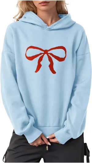 Women Oversized Bow Trim Print Hoodies Long Sleeve Fleeced Casual Graphic Pullover Trendy Fall Hooded Sweatshirts