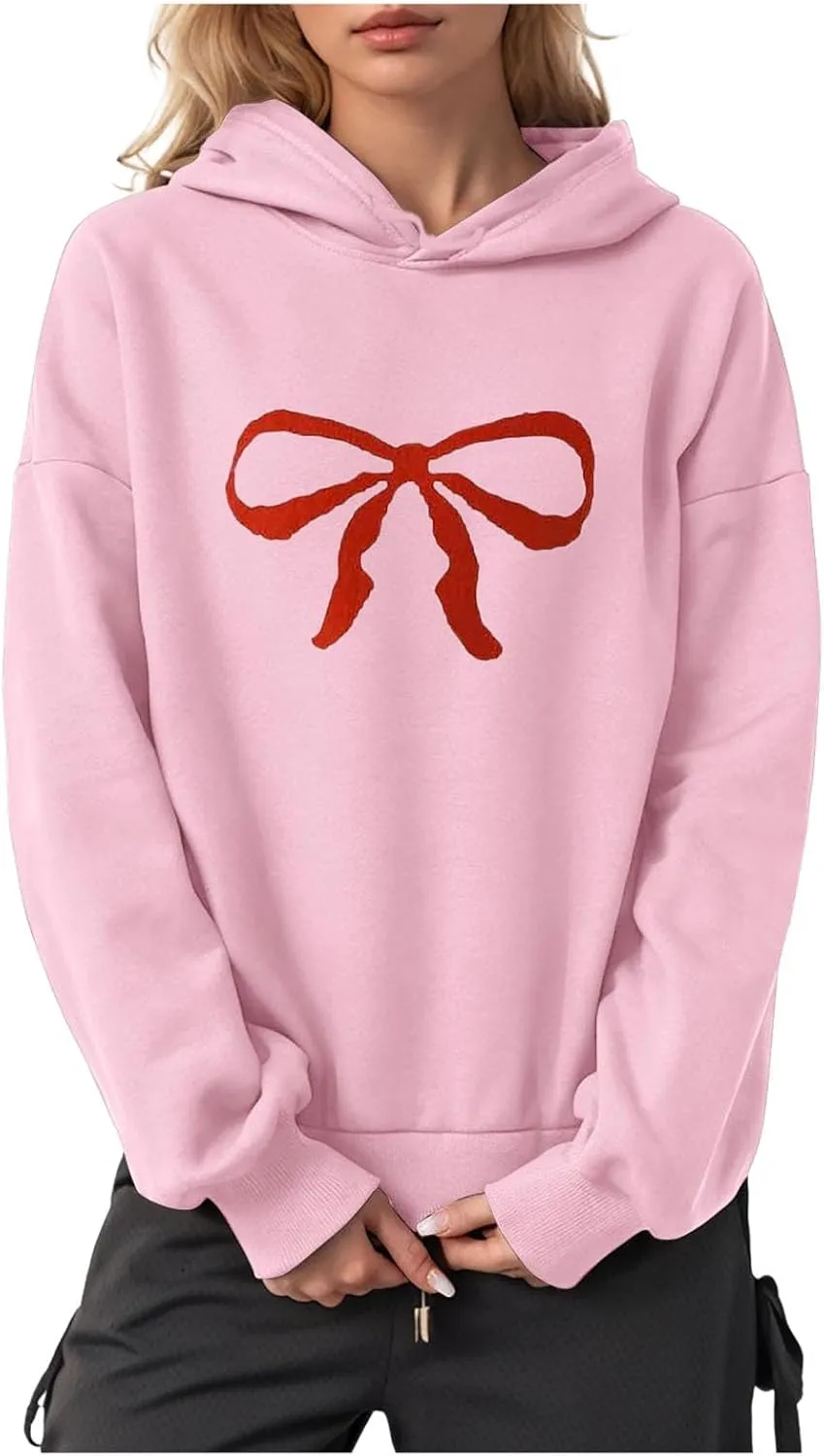Women Oversized Bow Trim Print Hoodies Long Sleeve Fleeced Casual Graphic Pullover Trendy Fall Hooded Sweatshirts