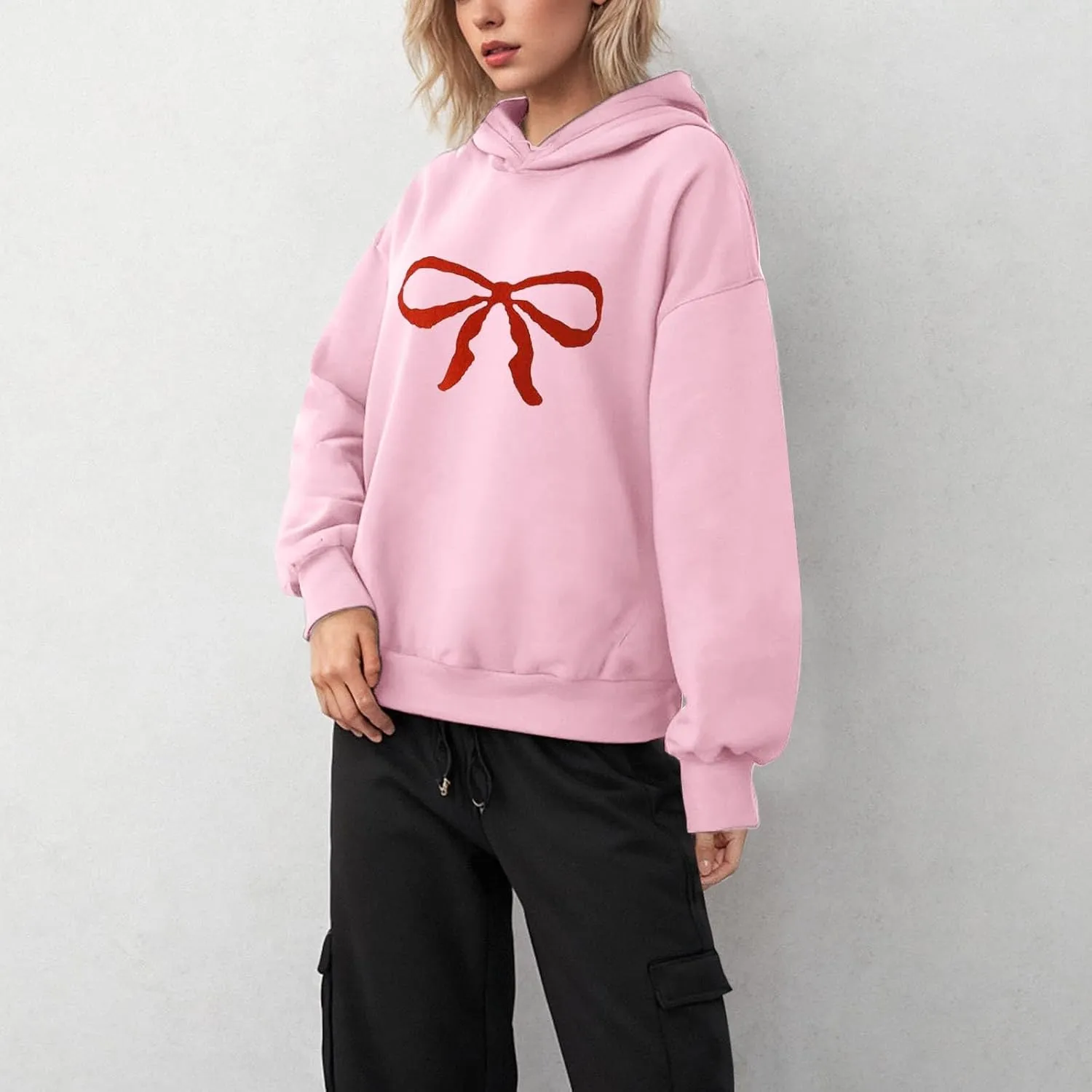 Women Oversized Bow Trim Print Hoodies Long Sleeve Fleeced Casual Graphic Pullover Trendy Fall Hooded Sweatshirts
