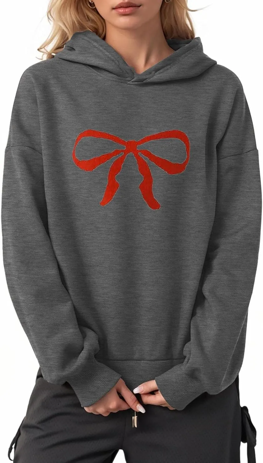 Women Oversized Bow Trim Print Hoodies Long Sleeve Fleeced Casual Graphic Pullover Trendy Fall Hooded Sweatshirts