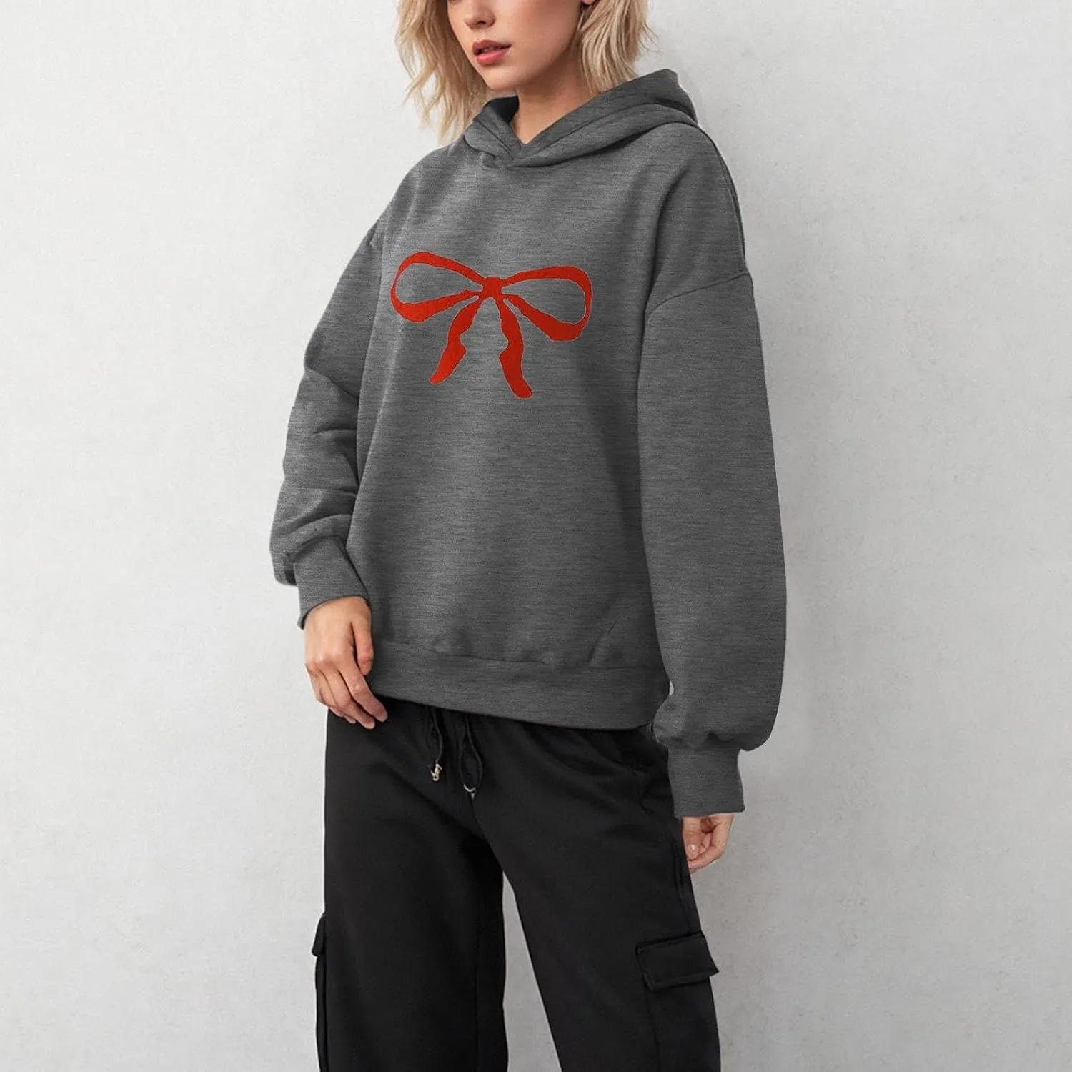 Women Oversized Bow Trim Print Hoodies Long Sleeve Fleeced Casual Graphic Pullover Trendy Fall Hooded Sweatshirts