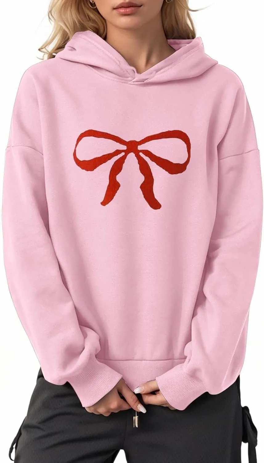 Women Oversized Bow Trim Print Hoodies Long Sleeve Fleeced Casual Graphic Pullover Trendy Fall Hooded Sweatshirts