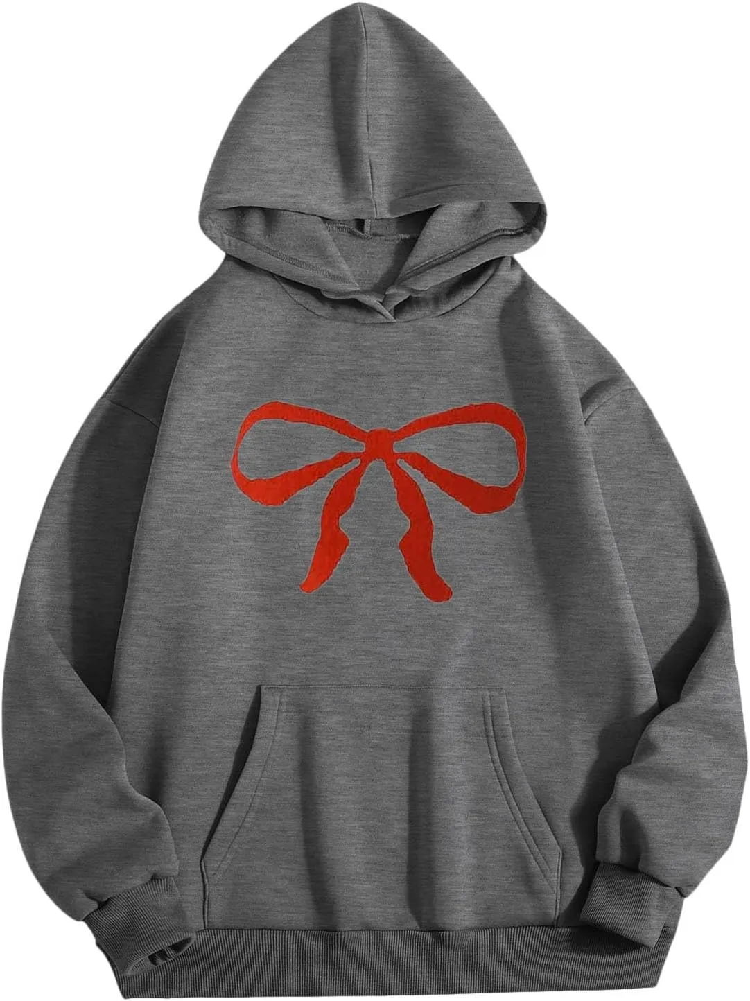 Women Oversized Bow Trim Print Hoodies Long Sleeve Fleeced Casual Graphic Pullover Trendy Fall Hooded Sweatshirts