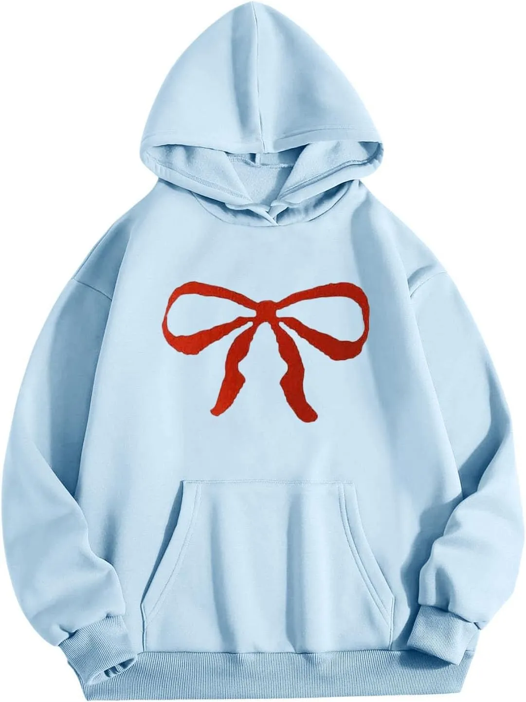 Women Oversized Bow Trim Print Hoodies Long Sleeve Fleeced Casual Graphic Pullover Trendy Fall Hooded Sweatshirts